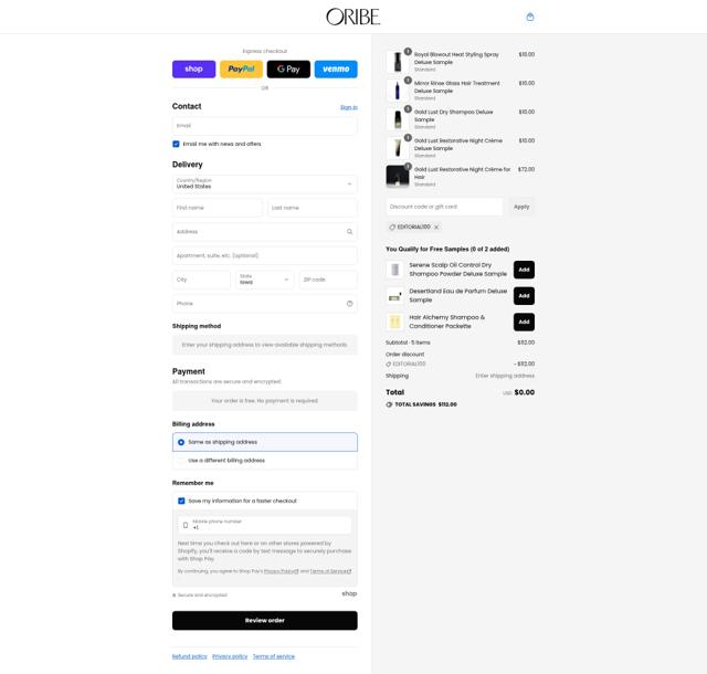 Oribe Haircare checkout page showing Oribe Haircare promo code box | Screenshot taken by SimplyCodes community member on Sep 10, 2025