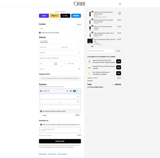 Oribe Haircare checkout page showing Oribe Haircare promo code box | Screenshot taken by SimplyCodes community member on Sep 10, 2025