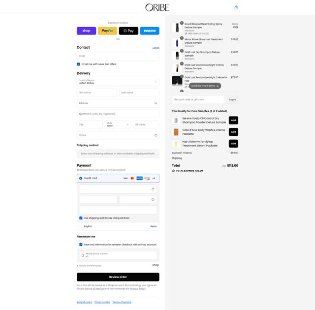 Oribe Haircare checkout page showing Oribe Haircare promo code box | Screenshot taken by SimplyCodes community member on Sep 2, 2025