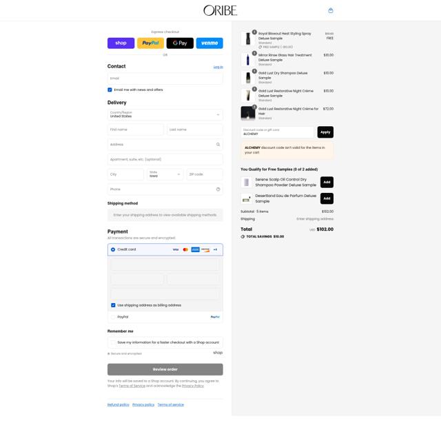 Oribe Haircare checkout page showing Oribe Haircare promo code box | Screenshot taken by SimplyCodes community member on Sep 6, 2025