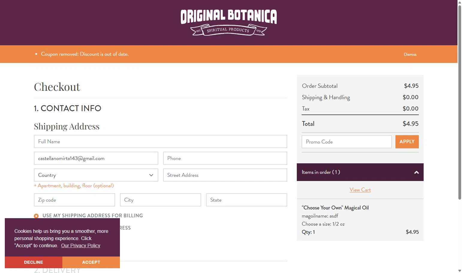 Original Botanica checkout page showing Original Botanica promo code box | Screenshot taken by SimplyCodes community member on Nov 25, 2025
