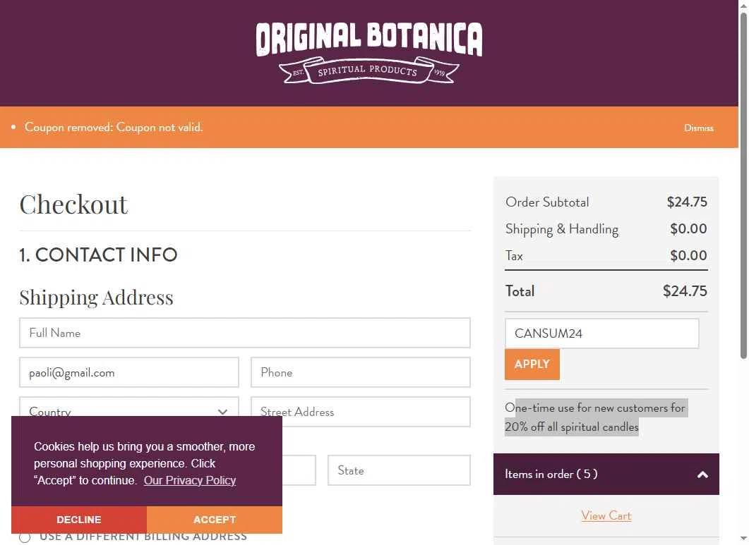 Original Botanica checkout page showing Original Botanica promo code box | Screenshot taken by SimplyCodes community member on Dec 21, 2025