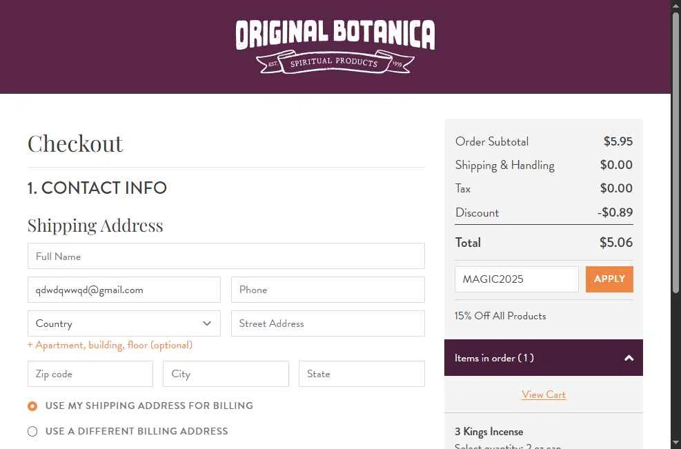 Original Botanica checkout page showing Original Botanica promo code box | Screenshot taken by SimplyCodes community member on Nov 26, 2025
