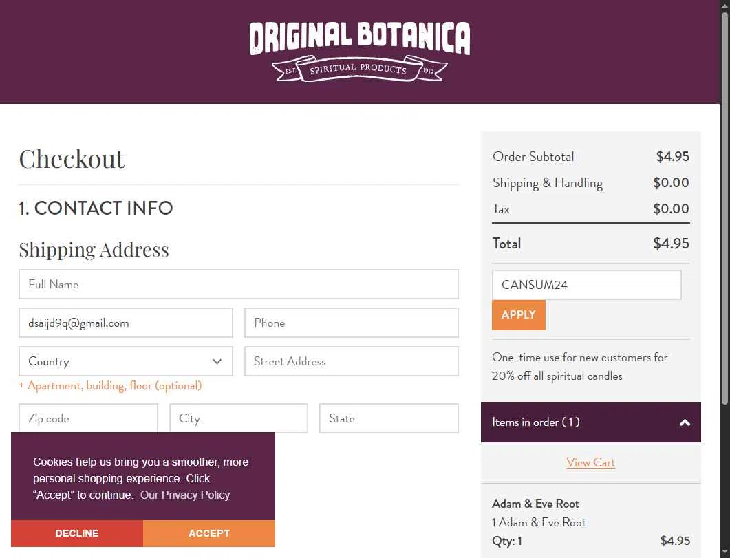 Original Botanica checkout page showing Original Botanica promo code box | Screenshot taken by SimplyCodes community member on Nov 2, 2025