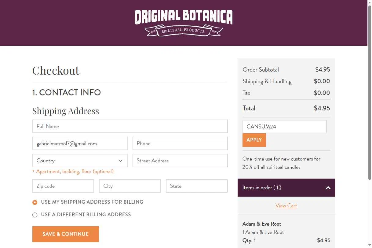 Original Botanica checkout page showing Original Botanica promo code box | Screenshot taken by SimplyCodes community member on Jan 3, 2026