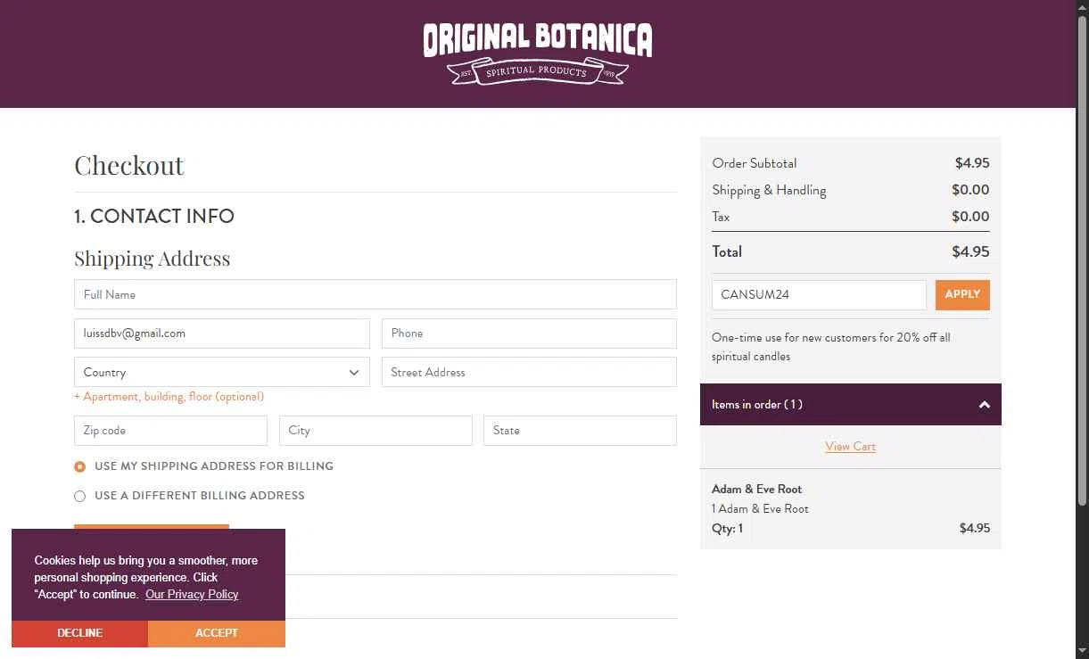 Original Botanica checkout page showing Original Botanica promo code box | Screenshot taken by SimplyCodes community member on Nov 2, 2025