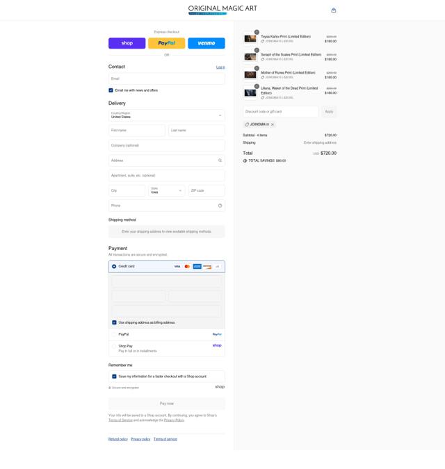 Original Magic Art checkout page showing Original Magic Art discount code box | Screenshot taken by SimplyCodes community member on Sep 8, 2025