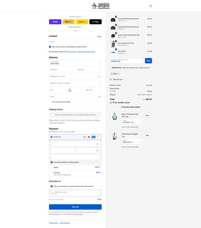 Original Penguin checkout page showing Original Penguin promo code box | Screenshot taken by SimplyCodes community member on Sep 10, 2025