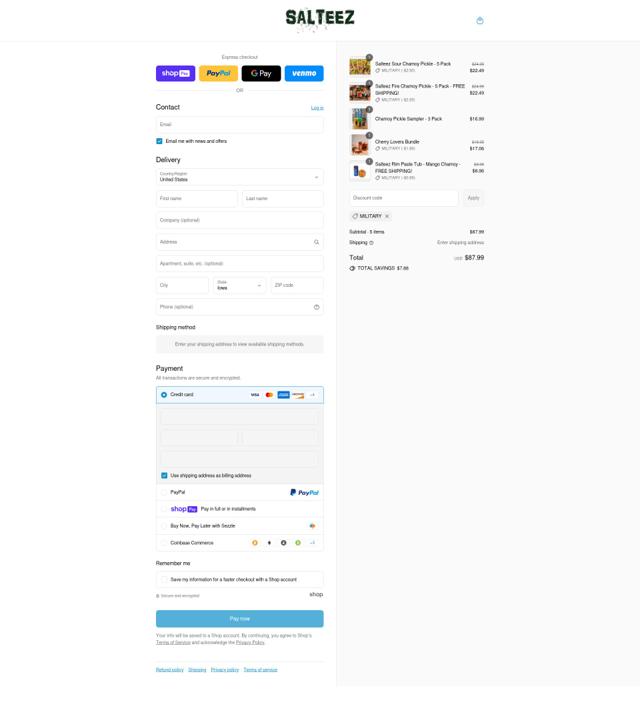 Salteez checkout page showing Salteez promo code box | Screenshot taken by SimplyCodes community member on Aug 7, 2025