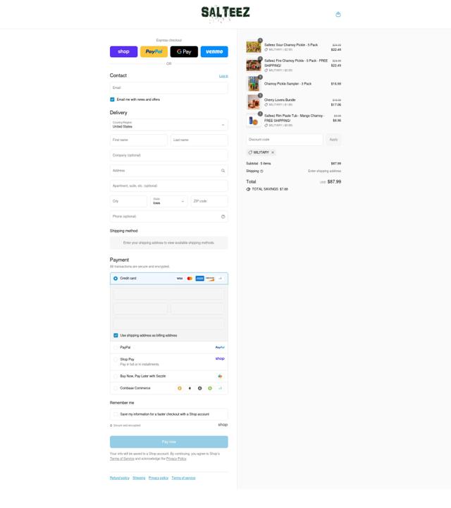 Salteez checkout page showing Salteez promo code box | Screenshot taken by SimplyCodes community member on Sep 2, 2025
