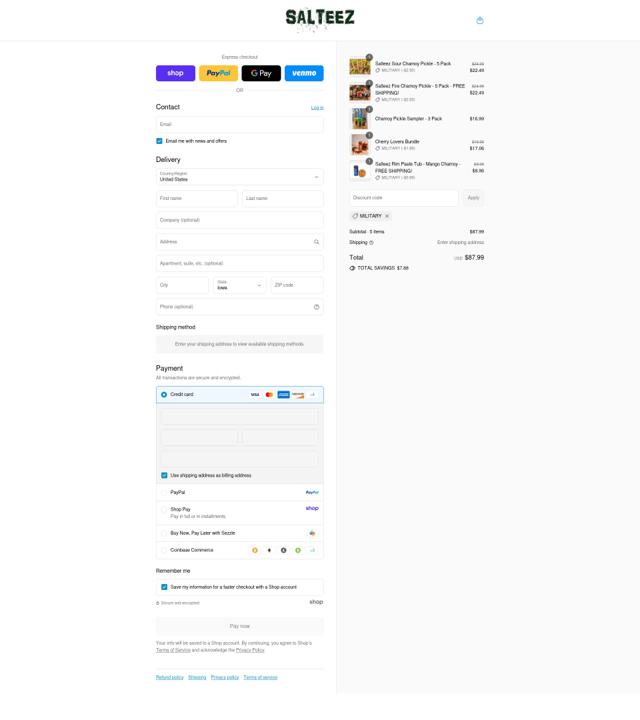 Salteez checkout page showing Salteez promo code box | Screenshot taken by SimplyCodes community member on Aug 29, 2025