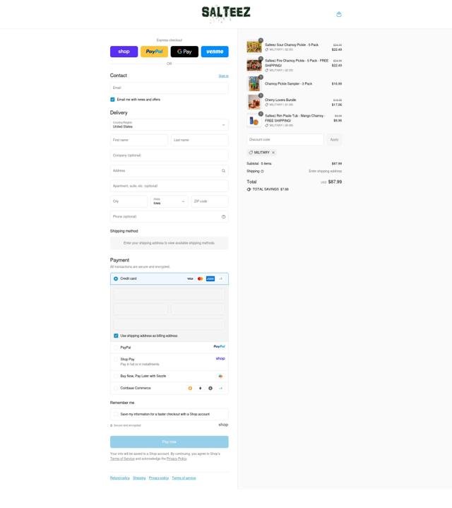 Salteez checkout page showing Salteez promo code box | Screenshot taken by SimplyCodes community member on Sep 15, 2025