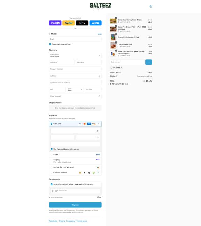 Salteez checkout page showing Salteez promo code box | Screenshot taken by SimplyCodes community member on Aug 21, 2025