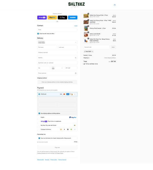 Salteez checkout page showing Salteez promo code box | Screenshot taken by SimplyCodes community member on Aug 11, 2025