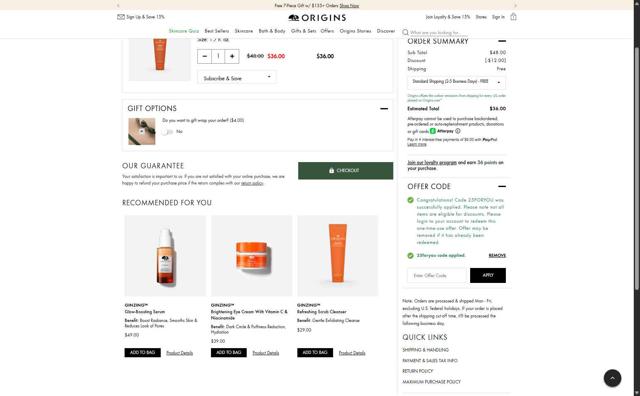 Origins checkout page showing Origins promo code box | Screenshot taken by SimplyCodes community member on Sep 12, 2025