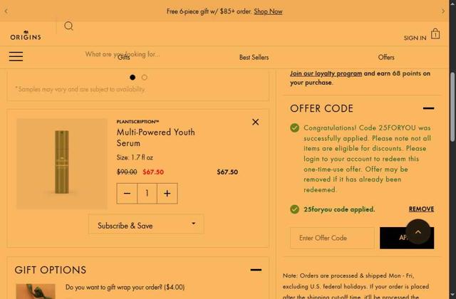 Origins checkout page showing Origins promo code box | Screenshot taken by SimplyCodes community member on Aug 23, 2025
