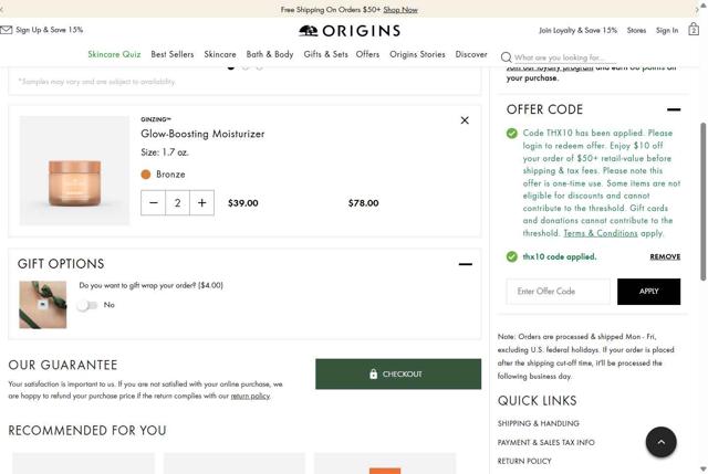 Origins checkout page showing Origins promo code box | Screenshot taken by SimplyCodes community member on Sep 5, 2025