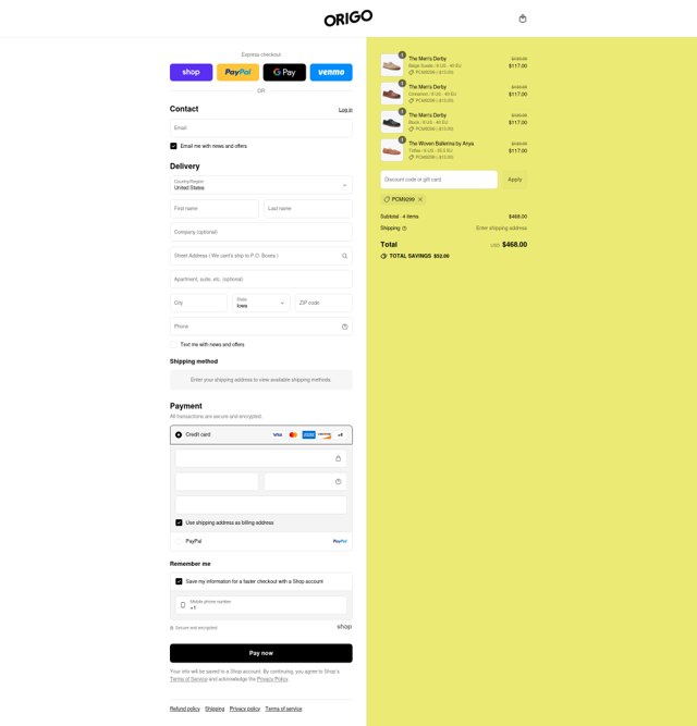 Origo Shoes checkout page showing Origo Shoes discount code box | Screenshot taken by SimplyCodes community member on Sep 3, 2025