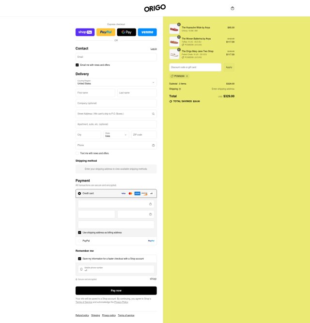 Origo Shoes checkout page showing Origo Shoes discount code box | Screenshot taken by SimplyCodes community member on Aug 20, 2025