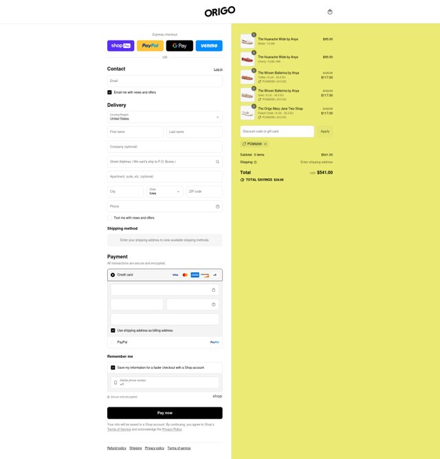 Origo Shoes checkout page showing Origo Shoes discount code box | Screenshot taken by SimplyCodes community member on Aug 16, 2025