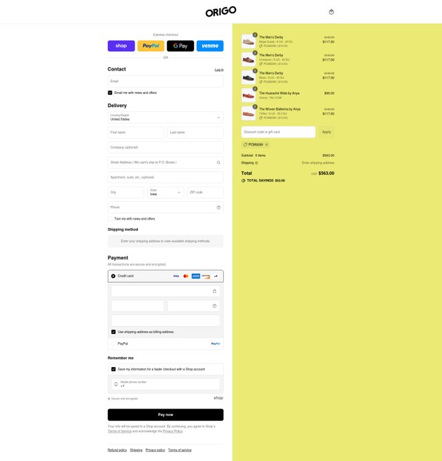 Origo Shoes checkout page showing Origo Shoes discount code box | Screenshot taken by SimplyCodes community member on Aug 30, 2025