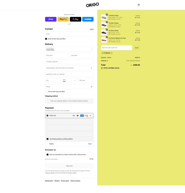 Origo Shoes checkout page showing Origo Shoes discount code box | Screenshot taken by SimplyCodes community member on Sep 7, 2025