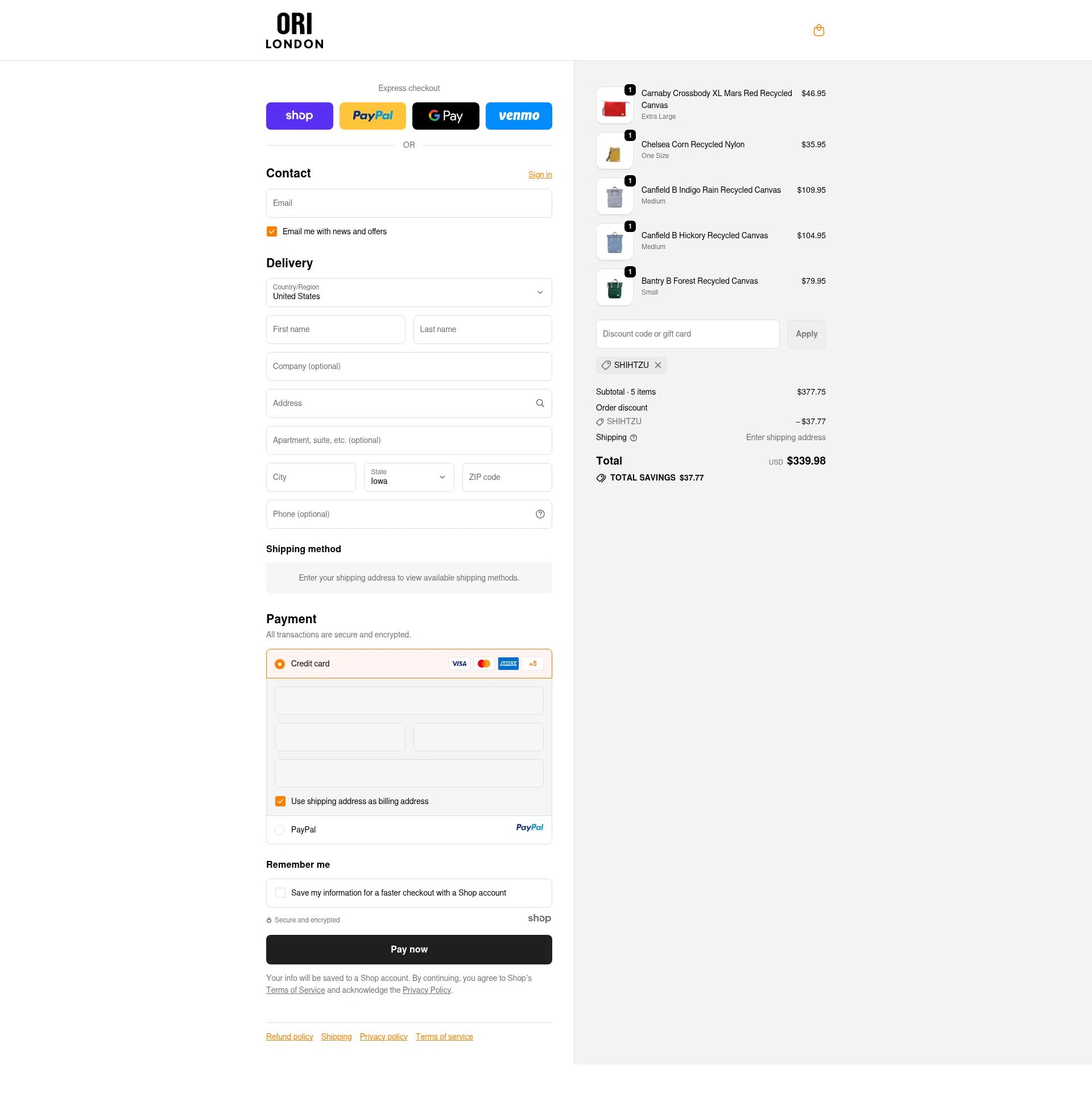 ORI London checkout page showing ORI London discount code box | Screenshot taken by SimplyCodes community member on Oct 23, 2025