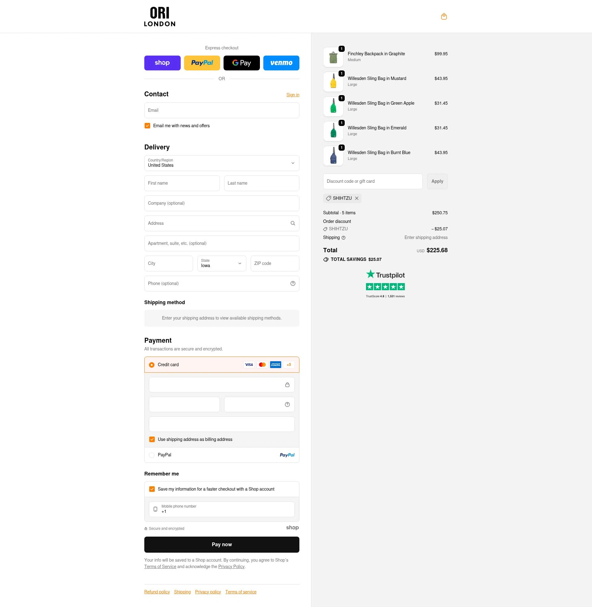 ORI London checkout page showing ORI London discount code box | Screenshot taken by SimplyCodes community member on Nov 25, 2025