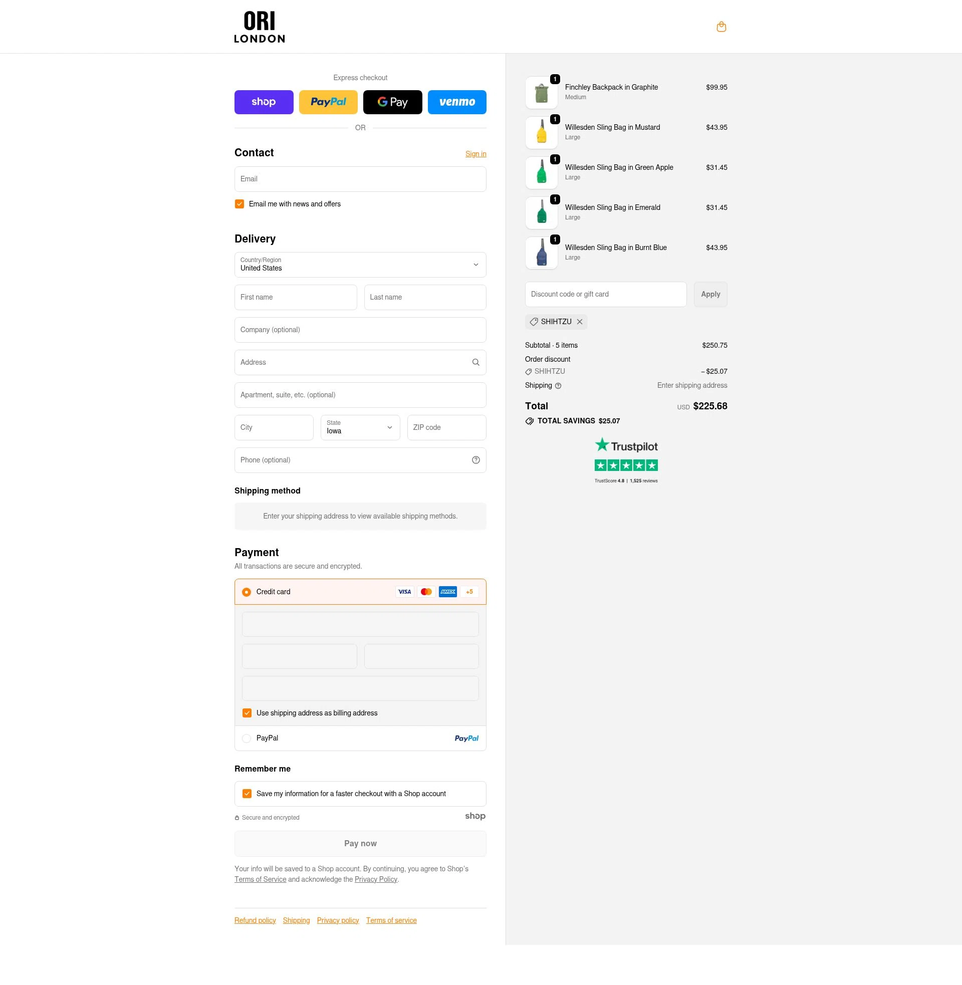 ORI London checkout page showing ORI London discount code box | Screenshot taken by SimplyCodes community member on Nov 20, 2025