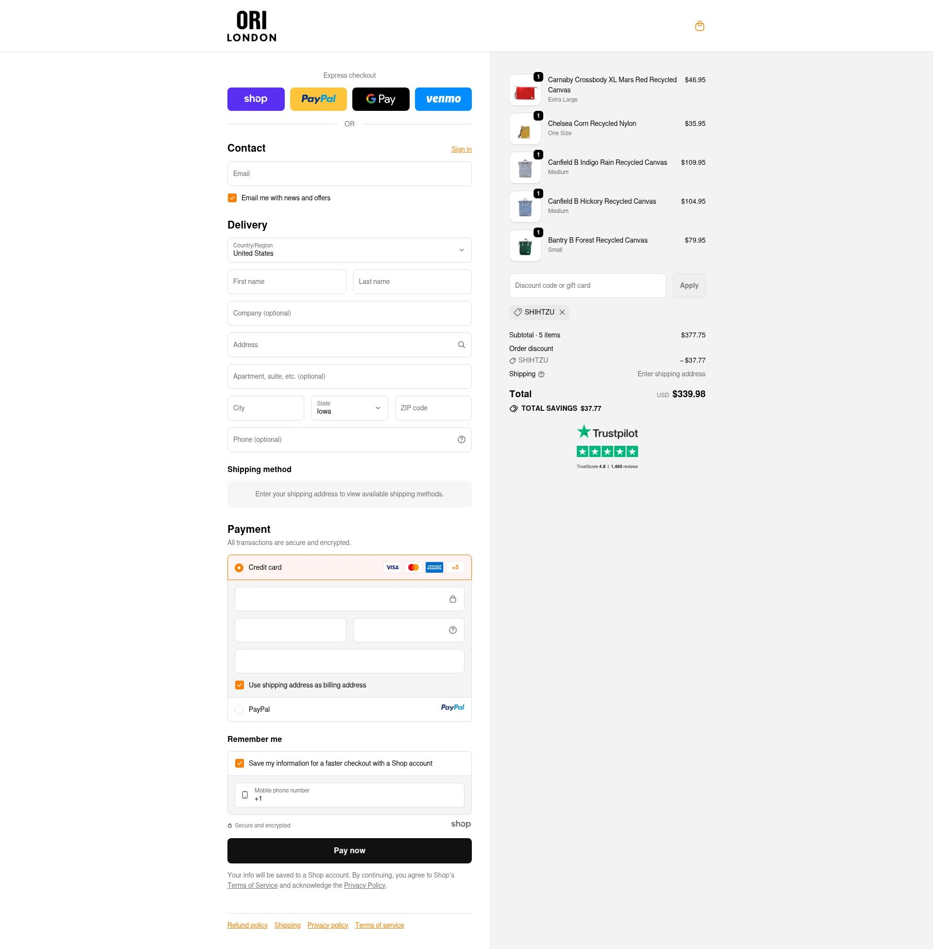 ORI London checkout page showing ORI London discount code box | Screenshot taken by SimplyCodes community member on Oct 11, 2025