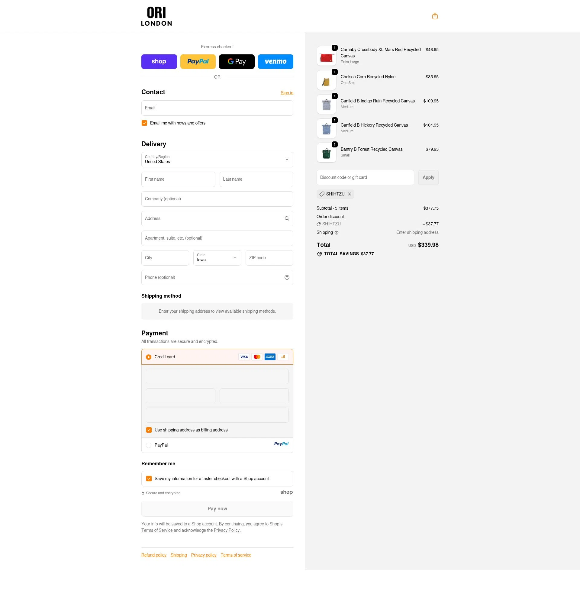 ORI London checkout page showing ORI London discount code box | Screenshot taken by SimplyCodes community member on Oct 28, 2025