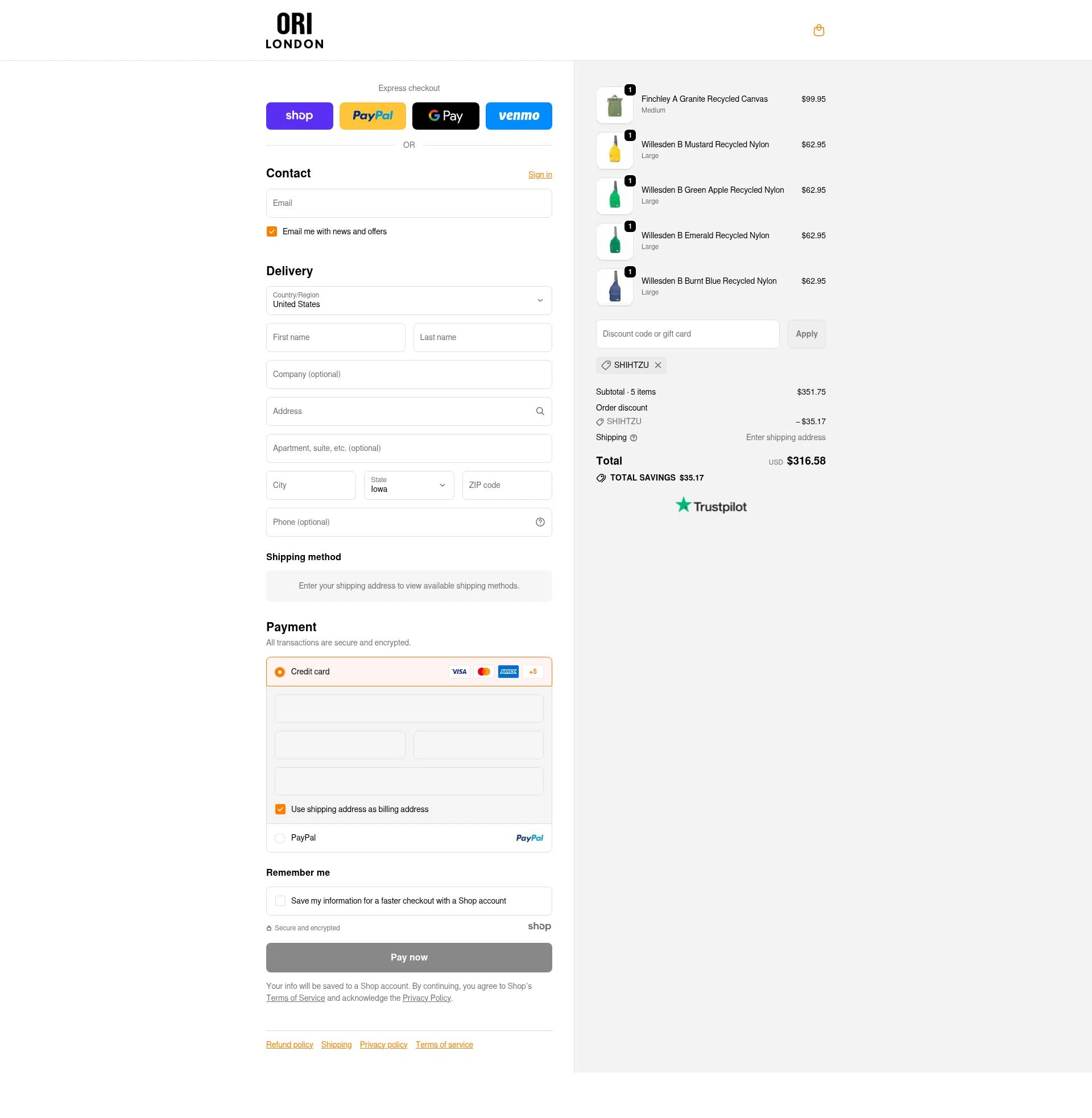 ORI London checkout page showing ORI London discount code box | Screenshot taken by SimplyCodes community member on Nov 4, 2025