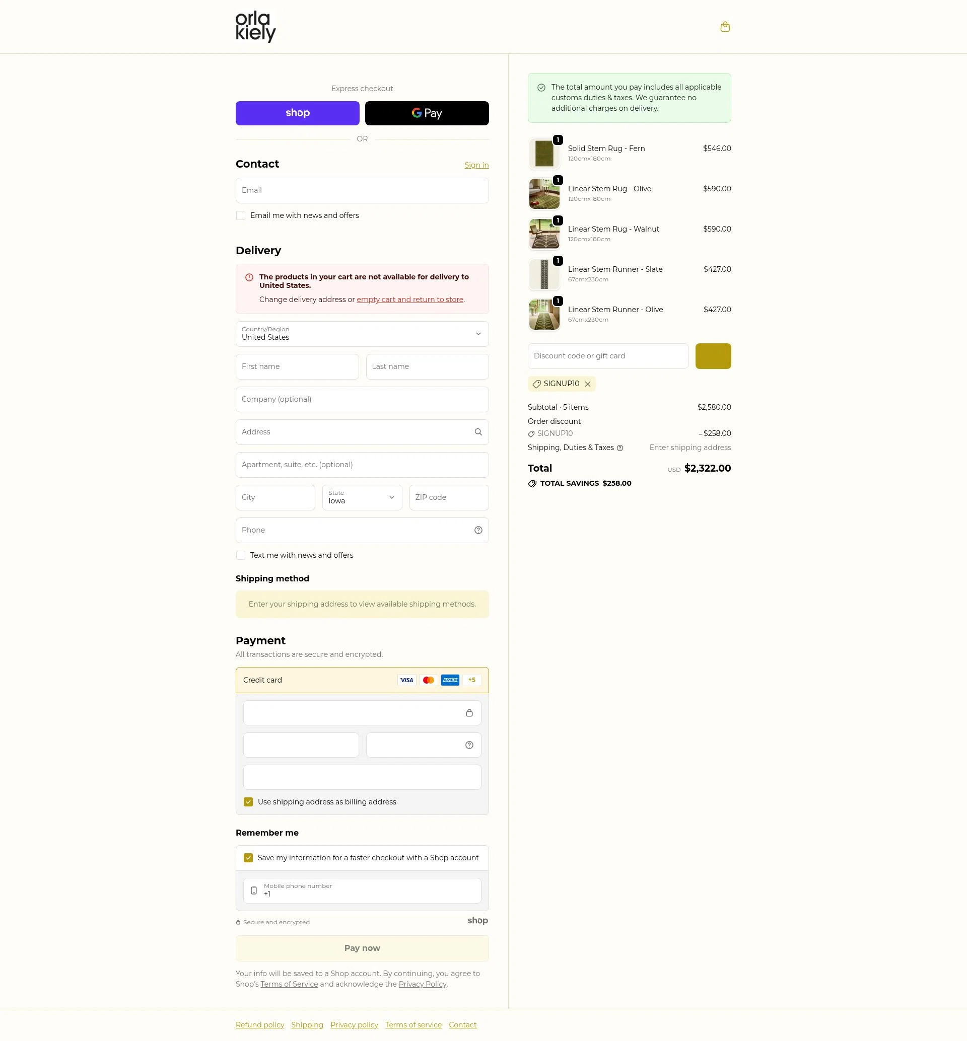 Orla Kiely checkout page showing Orla Kiely promo code box | Screenshot taken by SimplyCodes community member on Nov 19, 2025
