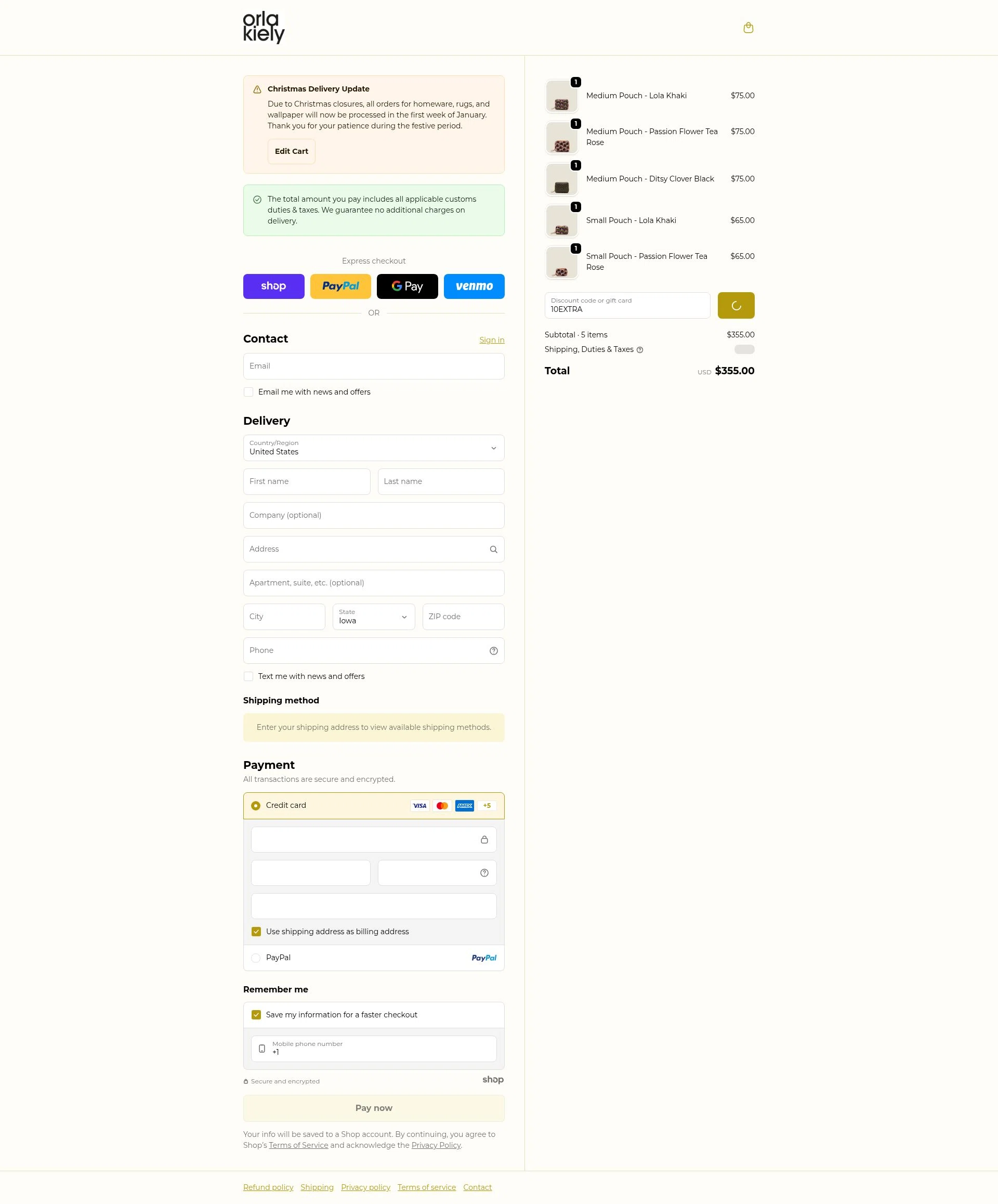 Orla Kiely checkout page showing Orla Kiely promo code box | Screenshot taken by SimplyCodes community member on Jan 1, 2026