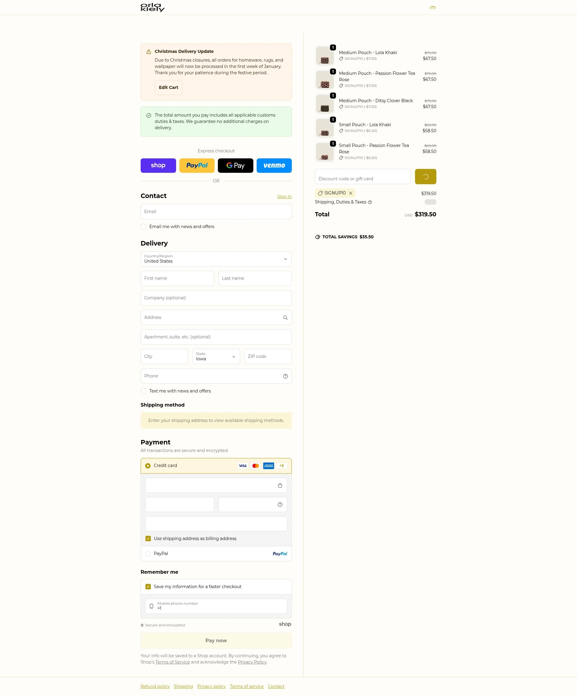 Orla Kiely checkout page showing Orla Kiely promo code box | Screenshot taken by SimplyCodes community member on Jan 1, 2026