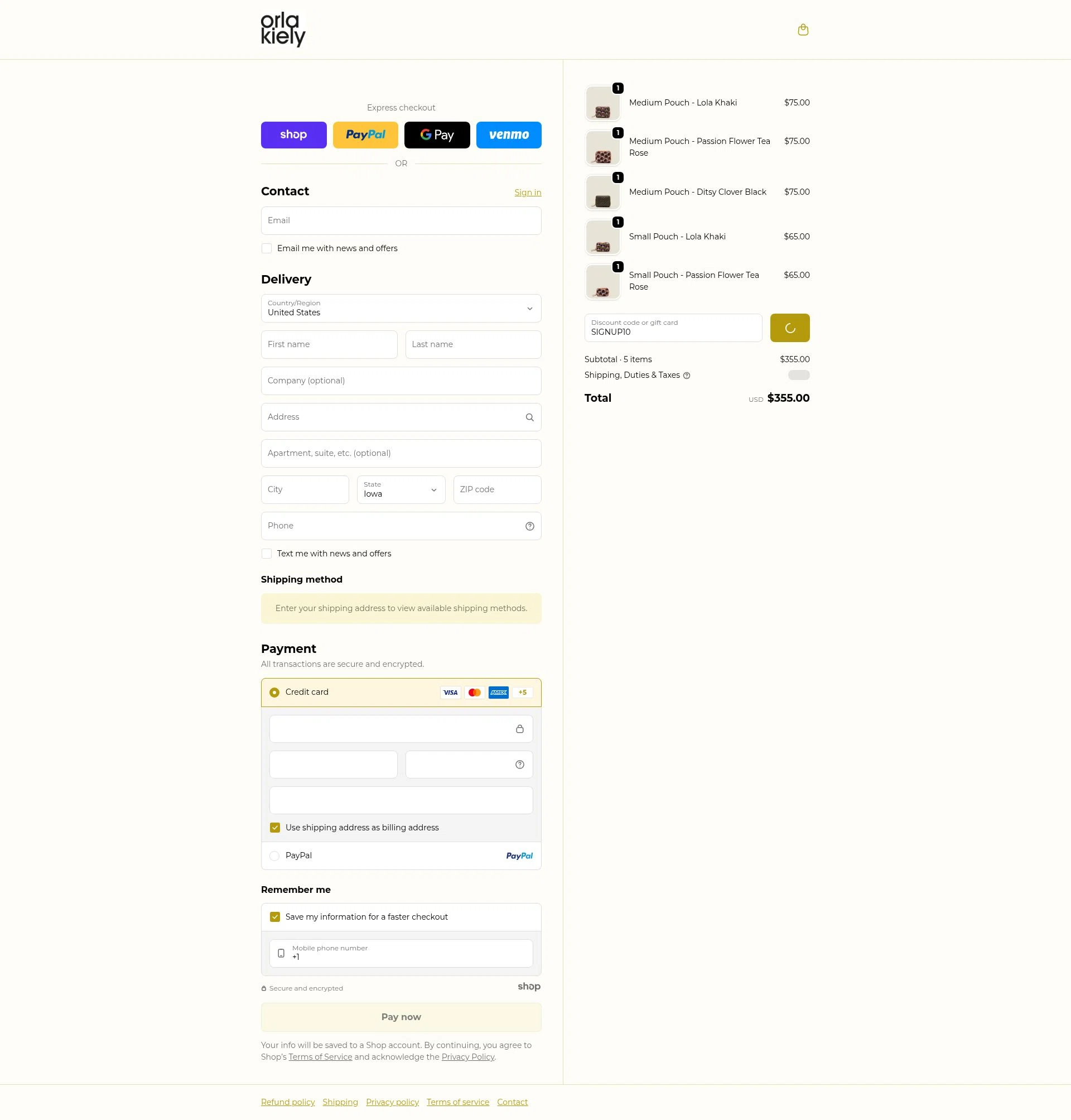 Orla Kiely checkout page showing Orla Kiely promo code box | Screenshot taken by SimplyCodes community member on Dec 23, 2025