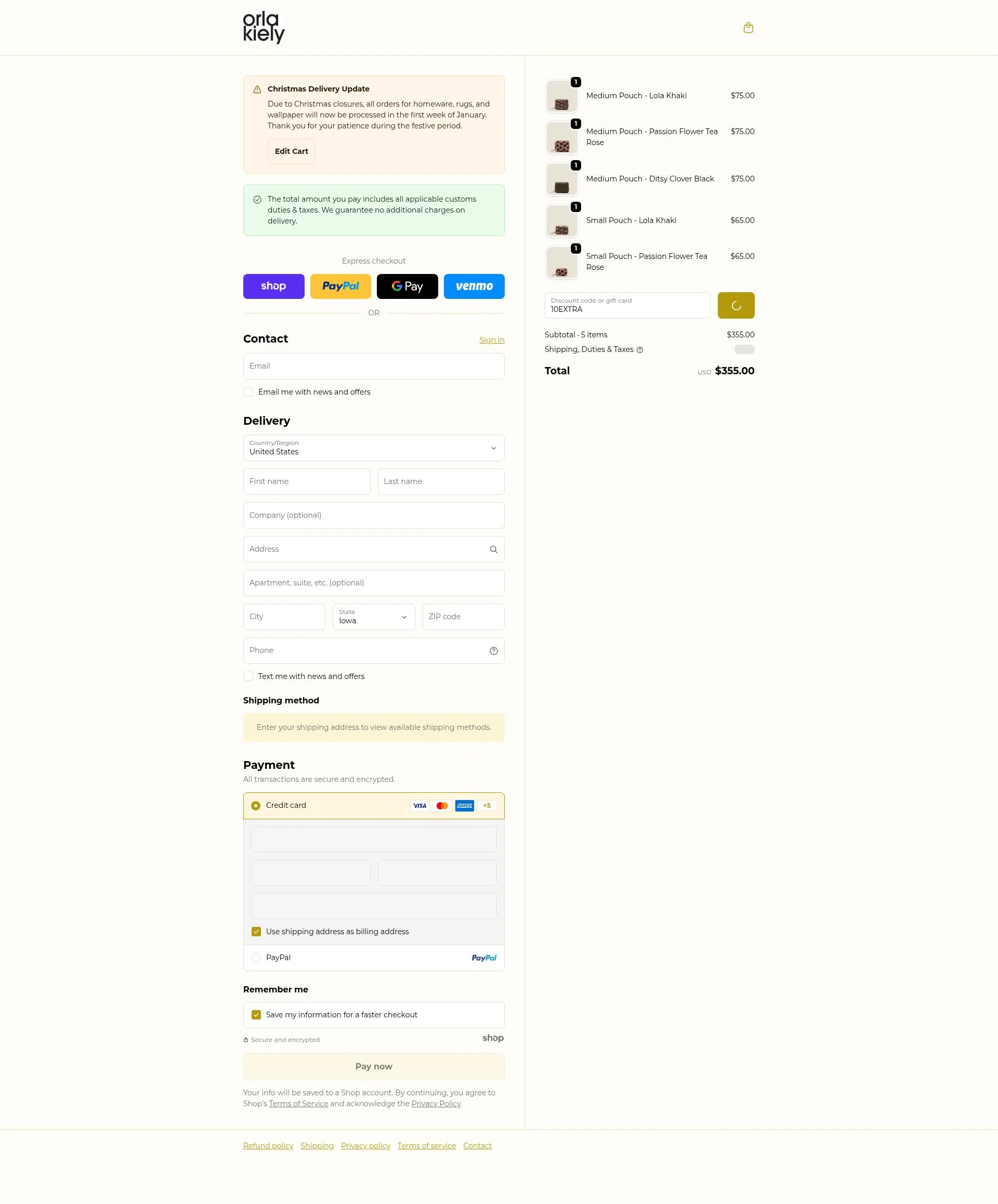Orla Kiely checkout page showing Orla Kiely promo code box | Screenshot taken by SimplyCodes community member on Dec 27, 2025