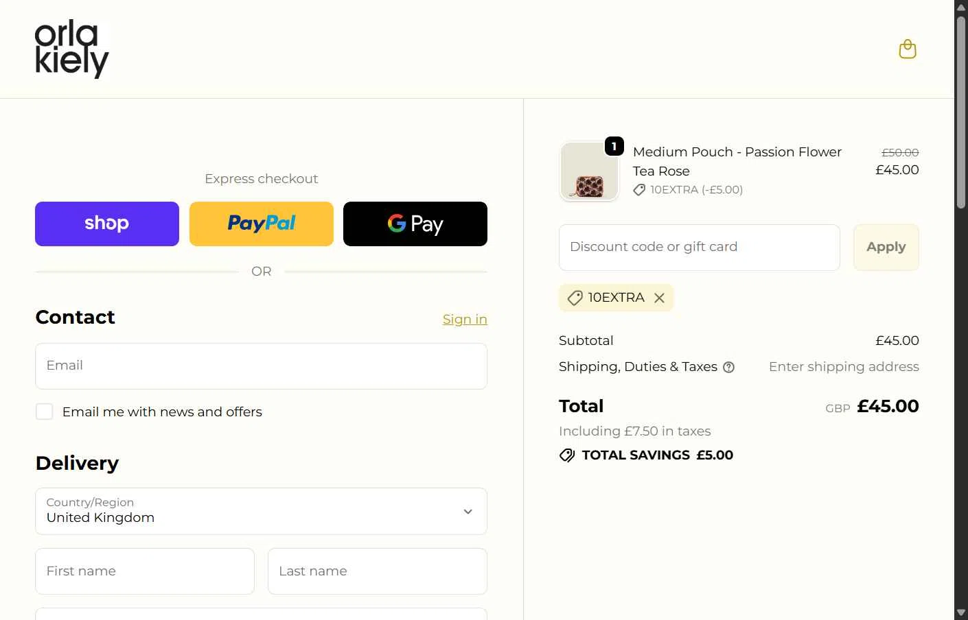 Orla Kiely checkout page showing Orla Kiely promo code box | Screenshot taken by SimplyCodes community member on Dec 23, 2025