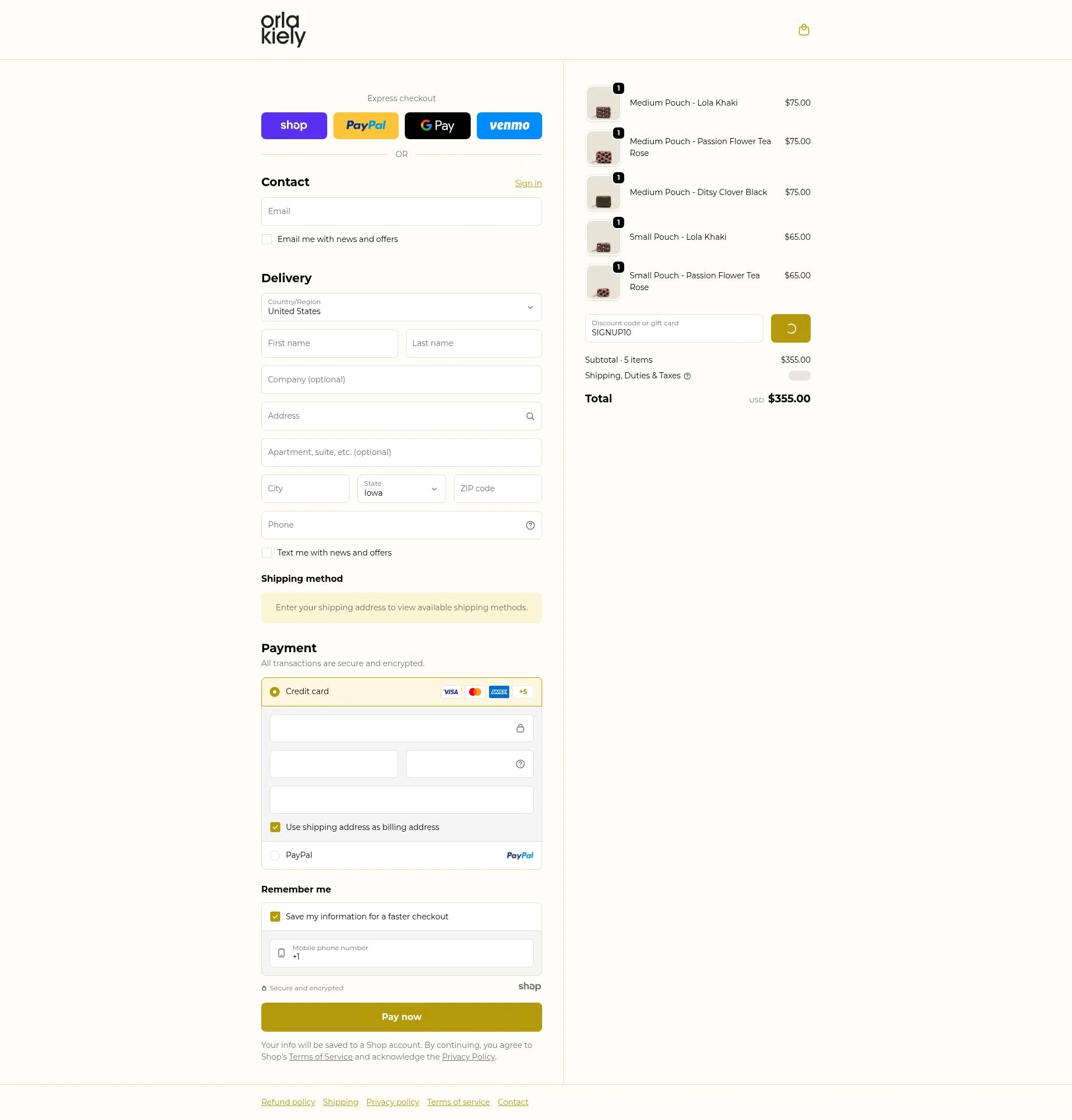 Orla Kiely checkout page showing Orla Kiely promo code box | Screenshot taken by SimplyCodes community member on Dec 15, 2025
