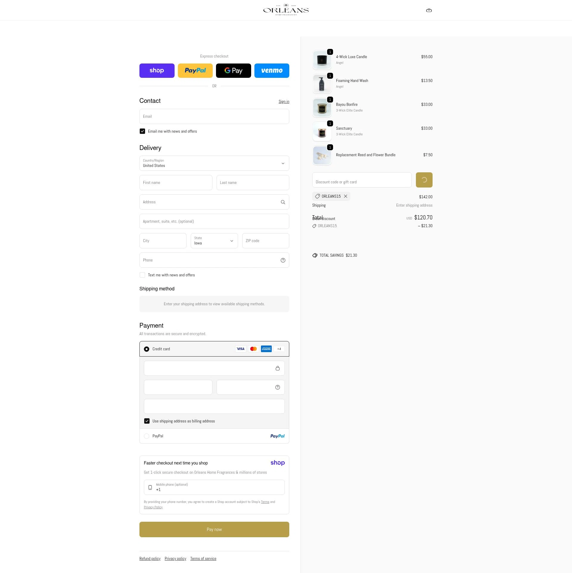 Orleans Home Fragrances checkout page showing Orleans Home Fragrances promo code box | Screenshot taken by SimplyCodes community member on Jan 17, 2026