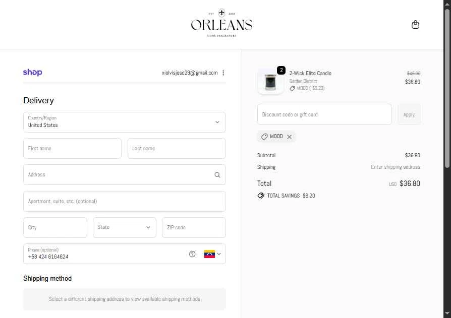 Orleans Home Fragrances checkout page showing Orleans Home Fragrances promo code box | Screenshot taken by SimplyCodes community member on Jan 31, 2026