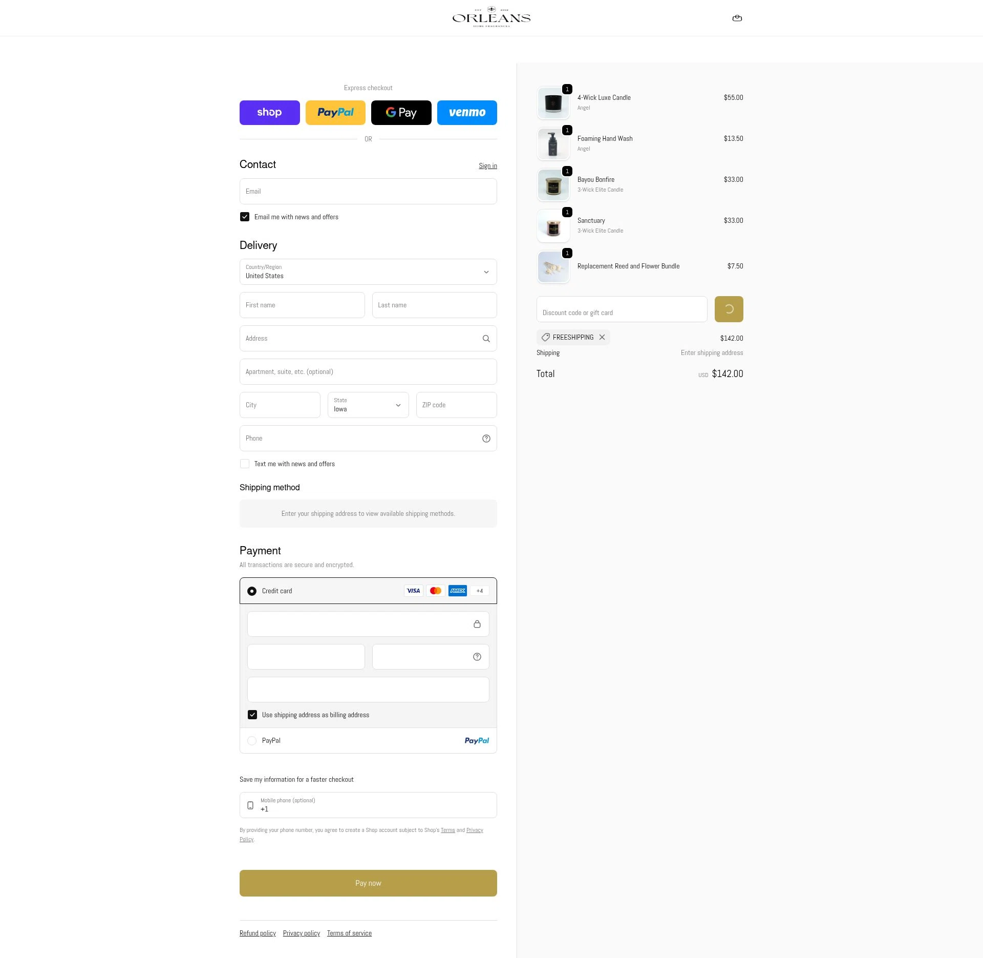 Orleans Home Fragrances checkout page showing Orleans Home Fragrances promo code box | Screenshot taken by SimplyCodes community member on Jan 31, 2026