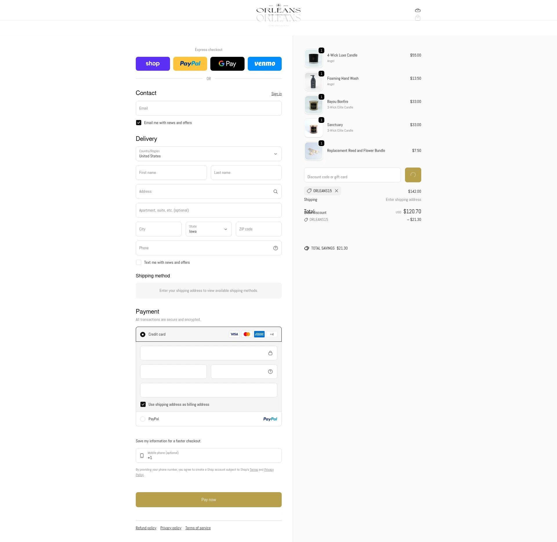 Orleans Home Fragrances checkout page showing Orleans Home Fragrances promo code box | Screenshot taken by SimplyCodes community member on Feb 5, 2026