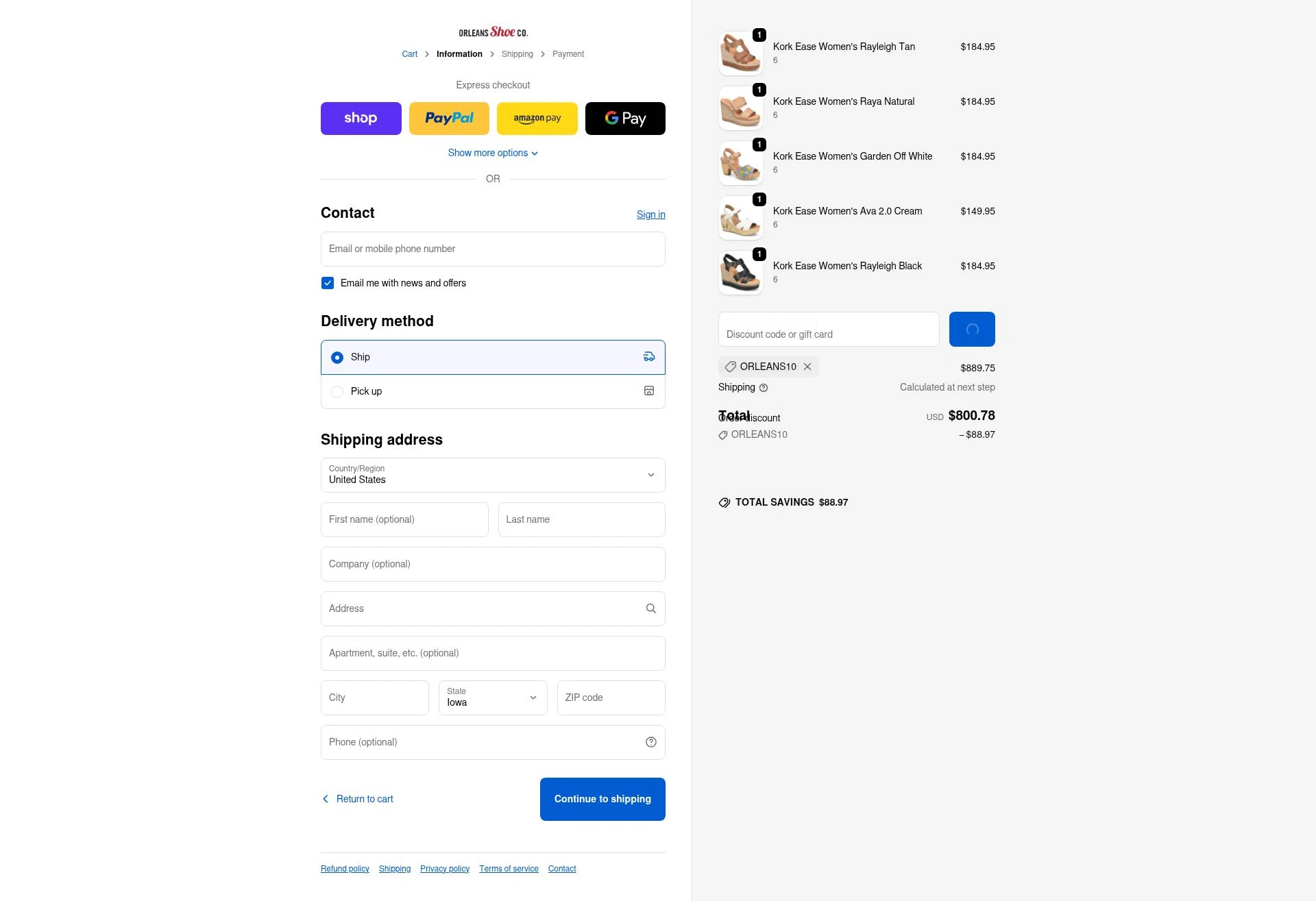 Orleans Shoe Co checkout page showing Orleans Shoe Co discount code box | Screenshot taken by SimplyCodes community member on Feb 13, 2026