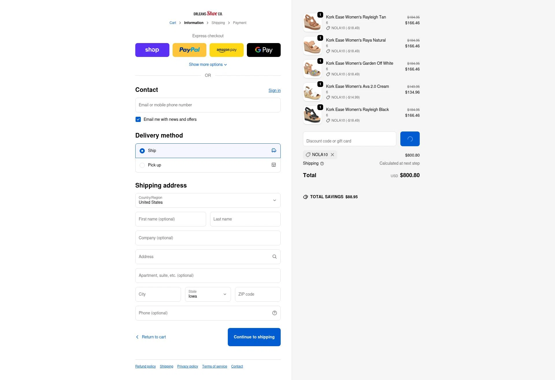 Orleans Shoe Co checkout page showing Orleans Shoe Co discount code box | Screenshot taken by SimplyCodes community member on Feb 13, 2026