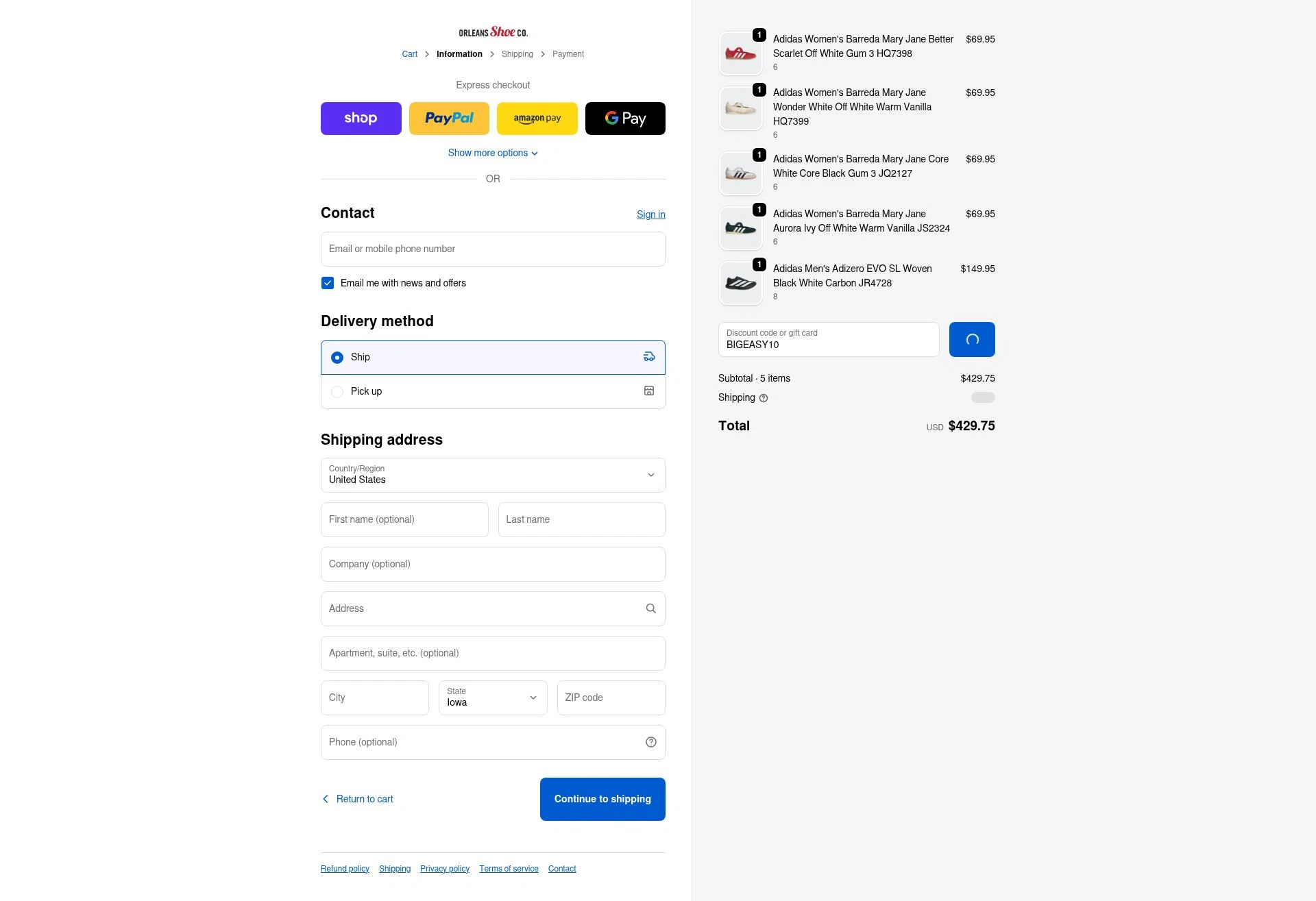 Orleans Shoe Co checkout page showing Orleans Shoe Co discount code box | Screenshot taken by SimplyCodes community member on Jan 31, 2026