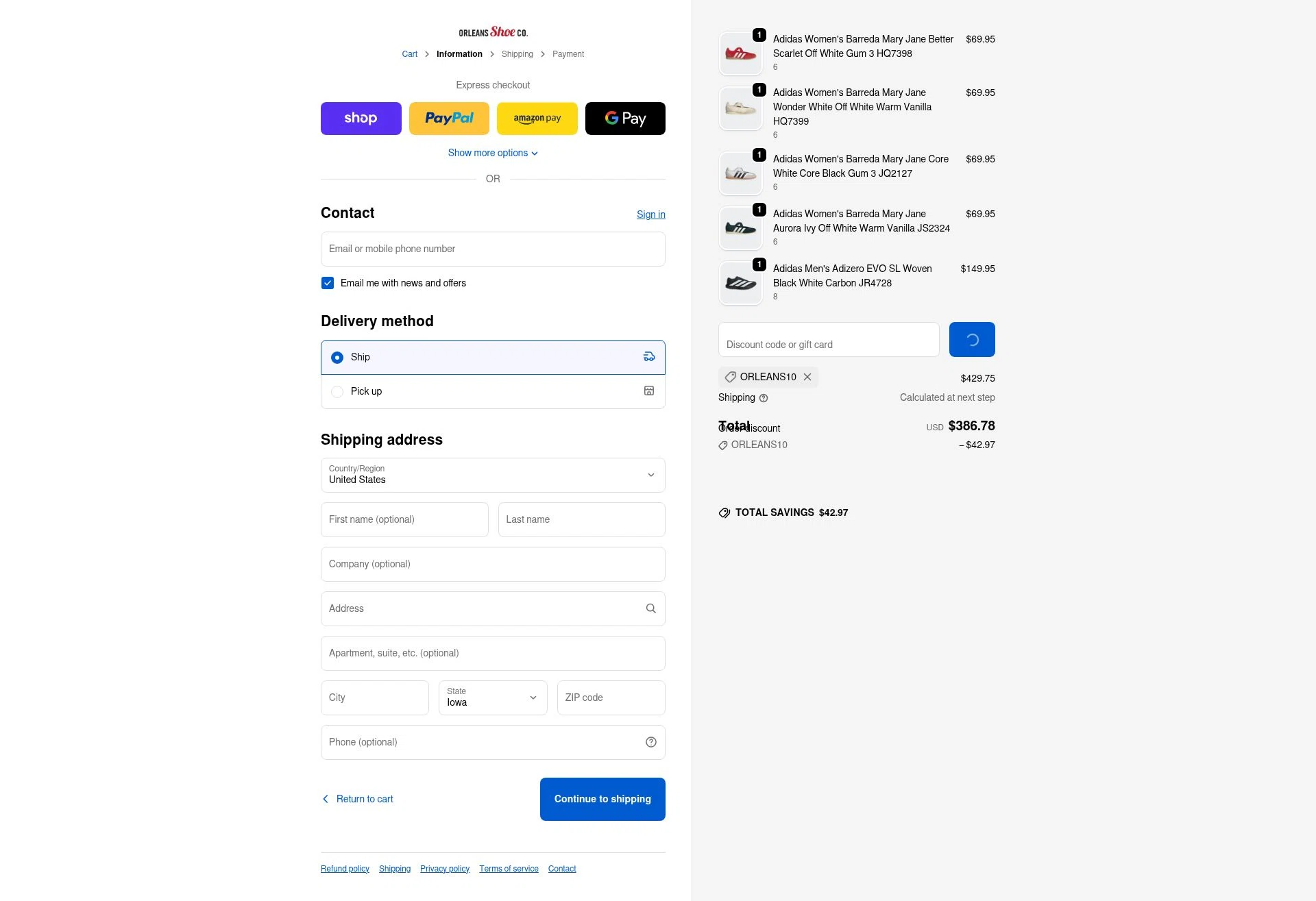 Orleans Shoe Co checkout page showing Orleans Shoe Co discount code box | Screenshot taken by SimplyCodes community member on Feb 4, 2026