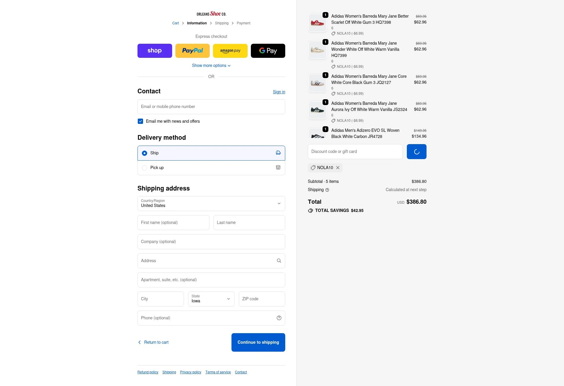 Orleans Shoe Co checkout page showing Orleans Shoe Co discount code box | Screenshot taken by SimplyCodes community member on Feb 4, 2026