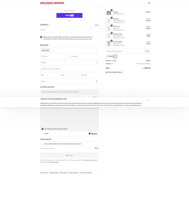 Orlebar Brown checkout page showing Orlebar Brown discount code box | Screenshot taken by SimplyCodes community member on Jan 15, 2025