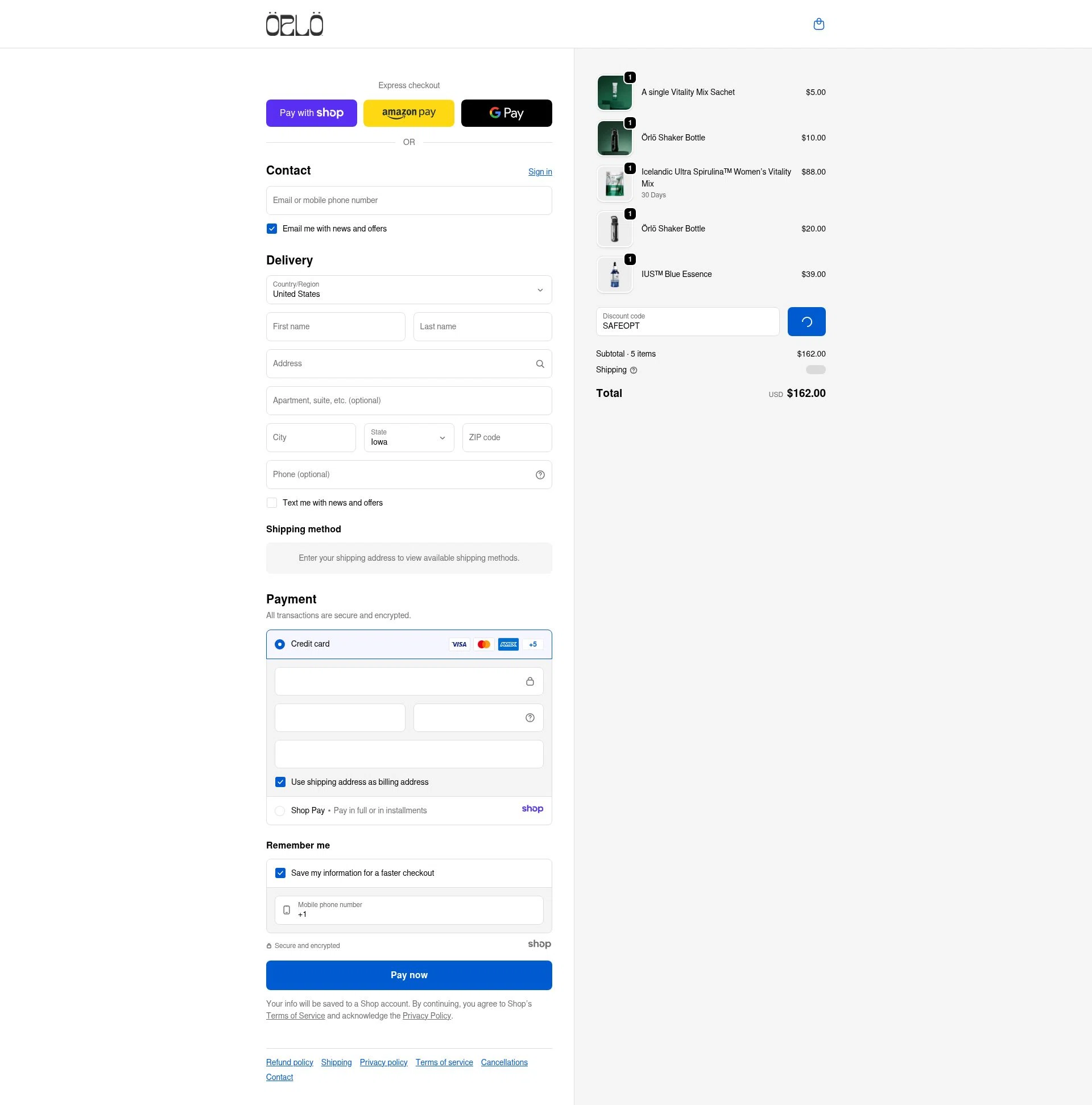 Orlo Nutrition checkout page showing Orlo Nutrition promo code box | Screenshot taken by SimplyCodes community member on Jan 7, 2026